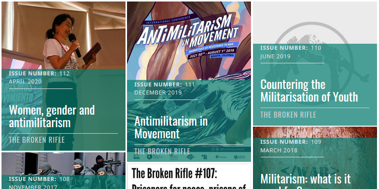 Broken Rifle -lehden sivulla näkyy kuvia otsikoita kuten "Women, gender and antimilitarism", "Antimilitarism in Movement" ja "Countering the Militarisation of Youth".