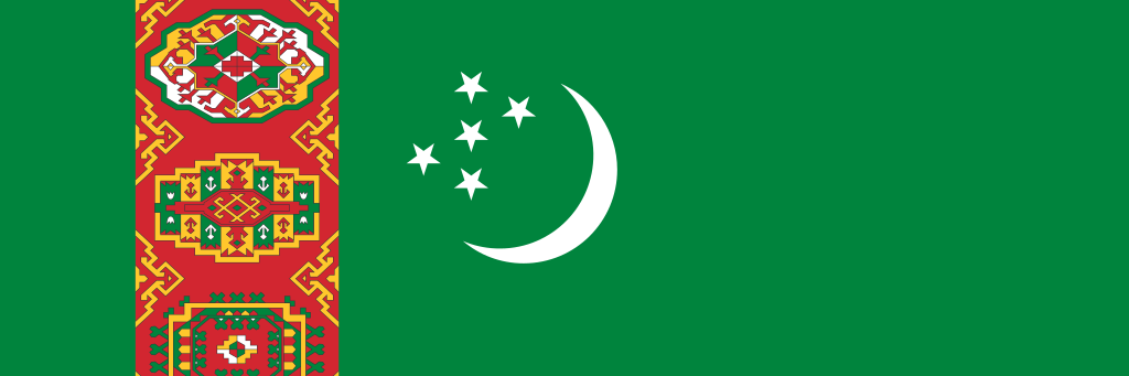 Turkmenistanin lipussa on vihreällä pohjalla kuunsirppi ja viisi tähteä sekä punasävyinen ornamenttikuvio lähellä vasenta reunaa.