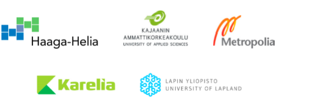 Valkoisella pohjalla on Turun ammattikorkeakoulun, Diakonia ammattikorkeakoulun, Haaga-Helian, Karelia ammattikorkeakoulun, Kajaanin ammattikorkeakoulun, Metropolian ja Lapin yliopiston logot.
