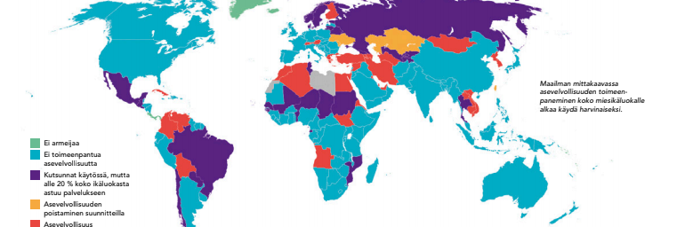 Maailman kartalle on merkitty eri väreillä eri maiden erilaiset puolusturatkaisut.  Yleinen asevelvollisuus on käynyt harvinaiseksi.