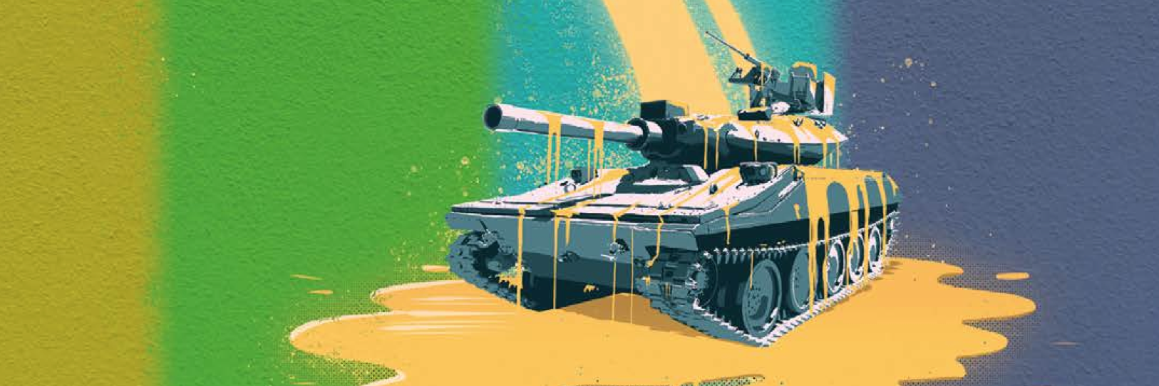 Antimilitaristin 2/2021 kansikuva: tankki, jonka päälle lentää keltaista nestettä