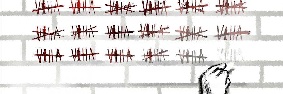 Kuvituskuvassa käsi kirjoittaa liidulla vankilamaiseen tiiliseinään "viha" tukkimiehen kirjanpidon tyylillä.