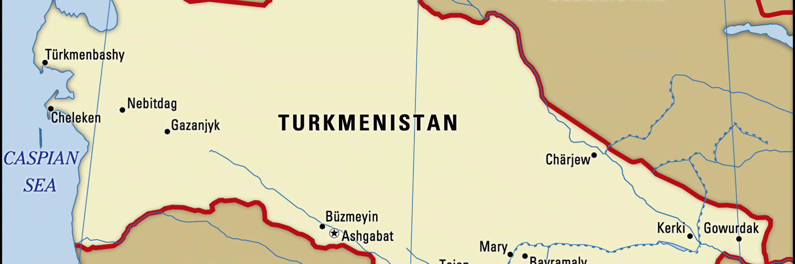 Turkmenistanin kartta.  Valtion länsipuolella Kaspianmeri. Pohjoispuolella Kazakstan ja Uzbekistan, eteläpuolella Iran ja Afganistan.