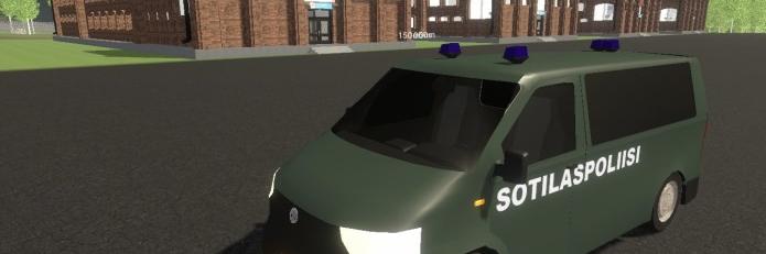 a car of sotilaspoliisi in front of a building. KUVAKAAPPAUS FINNISH ARMY SIMULATOR -PELISTÄ.
