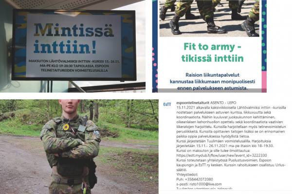 Kuvakaappauksia liikuntapalveluiden ja armeijan värväyksen koplaamisesta Espoon ja Raision kunnissa.