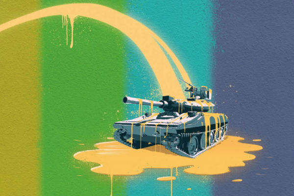 Antimilitaristin 2/2021 kansikuva: tankki, jonka päälle lentää keltaista nestettä