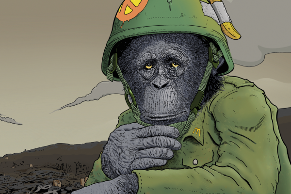 Antimilitaristin 3/2021 kansi: gorilla sotilaspuvussa mietteliäänä tuhoutuneen maiseman edessä