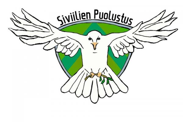 Siviilien puolustus -projektin logossa kyyhkynen lentää vihreällä pohjalla kohti katsoaa kantaen jaloissaan oksaa. Kyyhkysen pään päällä on teksti Siviilien puolustus.