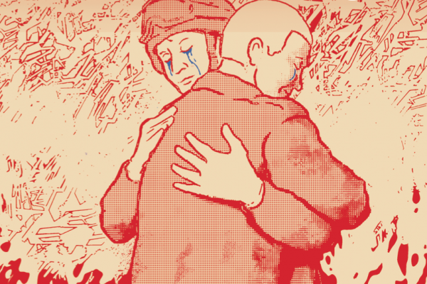 Antimilitaristin numeron 2/2022 kansi: kaksi miestä halaa toisiaan