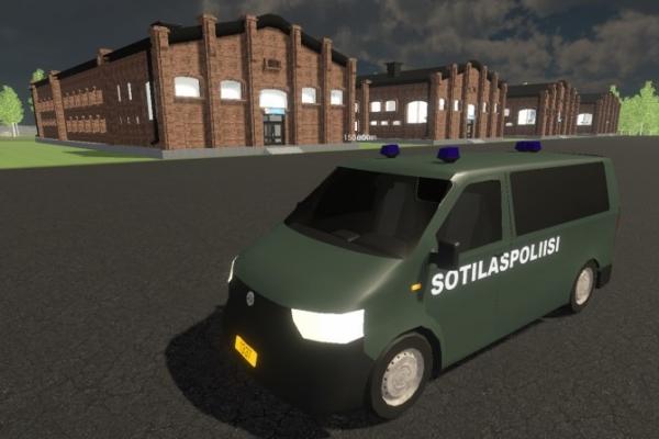 a car of sotilaspoliisi in front of a building. KUVAKAAPPAUS FINNISH ARMY SIMULATOR -PELISTÄ.
